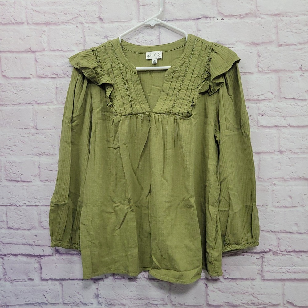 Wonderly Green Cotton Ruffle Blouse M VNeck Boho Peasant Peasant Shabby Chic